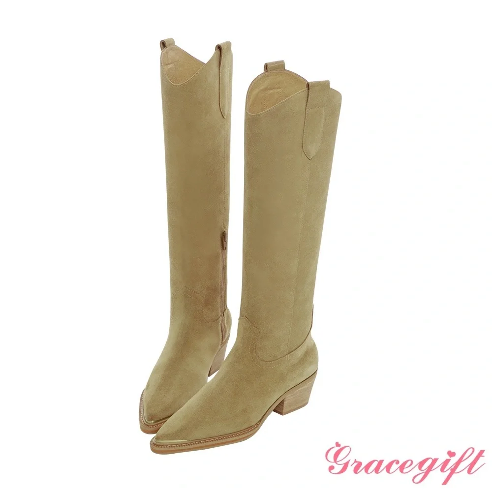Grace Gift X Samantha Lin Leather V-Cut Western Block Heel Long Boots Beige 23.5 - Picture 4 of 16